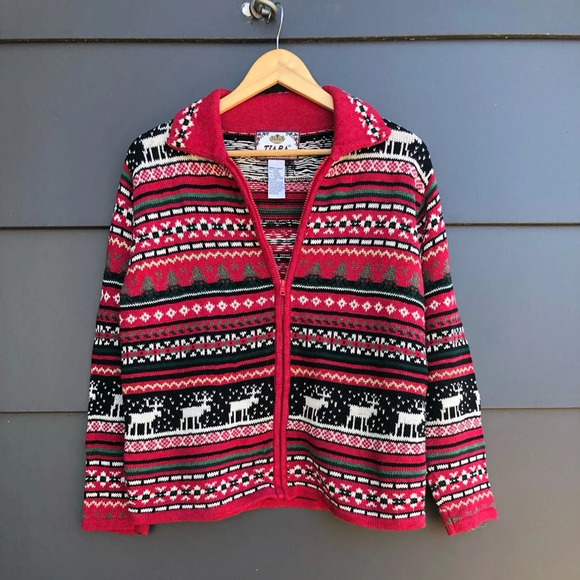 Christmas Festive Scene Cardigan - Zip-up - Ramie/Cotton mix - Size S. - Picture 1 of 9